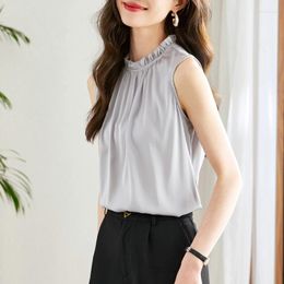 Women's Blouses Summer Blouse Satin Women Tops Fashion Silk Sleeveless Stand Collar OL Female Clothing Ladies