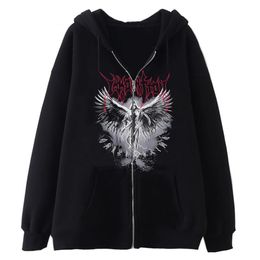 Gothic Wing Graphic Zipper Hoodies Streetwear Y2K Zip Up Jacket Fleece Womens Long Sleeve Sweatshirts Loose Casual Coats 240305