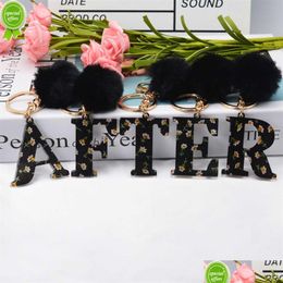 Car Key New A-Z Letters Keychian Acrylic Initials Key Ring With Black Fluffy Pompom Pendant For Women Girls Purse Handbags Accessories Dhwfu