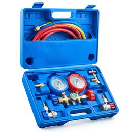 AC Manifold Gauge Set for R134a R12 R502 Refrigerant, 3 Way Car with 5FT Hoses Couplers & Adapter, Puncturing & Self Sealing Can Tap Freon Charge Kit