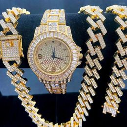 Chains 3PCS Men's Iced Out Chain Necklace Bracelet Watch Men Hip Hop 15MM Studded Large Heavy Gold Cuban Link Jewellery Set Wom270k