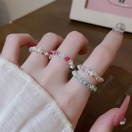 Cluster Rings Fashion Vintage Colourful Natural Beaded Ring For Women Party Finger Elastic Simple Design Jewellery Gift