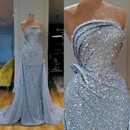 Blue Prom Light Dresses Sparkly paljetter ärmlös skräddarsydd veck Täckad aftonklänning Formell OCN Wear Vestidos Plus Size