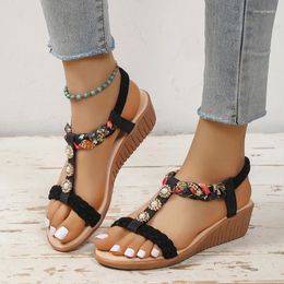 Sandals Women's Summer Flat Heel Rhinestone Fashion Comfortable All-match Casual Elastic Open Toe Beach Shoes Size 43