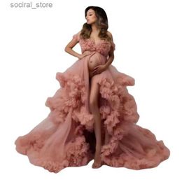 Maternity Dresses Gorgeous Tulle Maternity Dress for Photo Shoot Puffy Ruffled V-Neck Large Swing Tutu Mesh Dress Baby Shower Bridal Long Gown L240308