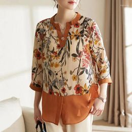 Women's Blouses Casual Floral Printing Spliced Shirt Spring Summer 3/4 Sleeve Female Clothing Elegant V-Neck Three-dimensional Decoration