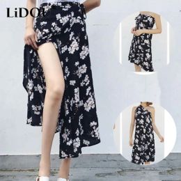 Dresses 2022 Summer Bohemian One Piece Floral Printed Lace Up Hip Wrap Skirts Women Beach Holiday High Waist Retro Slit Sunscreen Skirt