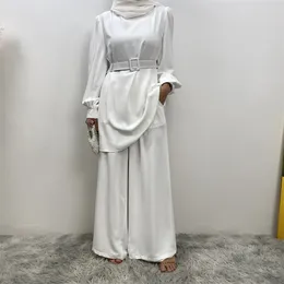 Ethnic Clothing Loose Casual Muslim Set Women Fashion O Neck Long Sleeve Tops And Solid Wide Leg Pants 2-piece Vintage Clothes For