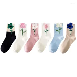 Women Socks 1 Pair Cartoon Flower Candy Colour Harajuku Breathable Design Korean Style Japanese Comfortable Tulip