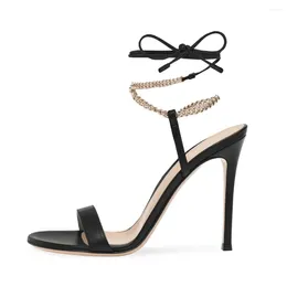 Sandals Women Lace Up Shoes Peep Toe Slip On High Heels Metal Chain Sandalias Black Ladies Pumps Fashion Mature Big Size 46