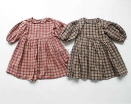 Dresses Girl Dresses Fall Winter Korean Style Baby Girls Cotton Linen Lantern Clothes Kids Plaid 240308