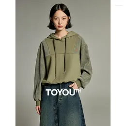 Women's Hoodies Toyouth Women Fleece 2024 Winter Long Sleeve Loose Hooded Sweatshirt Splicing Design Casual Apricot Army Green Pullover