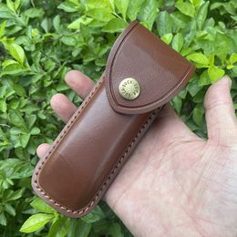 New Arrival S2271 Two-layer genuine cowhide folding knife sheath, 4.8" Folding Pocket EDC Knife Case, Portable Pouch Knife Leather Holster with Snap Closure and Belt Loop