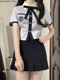 Japanese Student JK School Uniform Summer Sweet Kawaii Set Vintage Cute Girls Navy Blue Shirt and Mini Pleated Skirt 240301