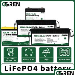 Batteries Built-In Bms Lifepo4 Battery 12V 50Ah 100Ah 200Ah 24V Lithium Iron Phosphate Cells Rv Forklift Trolling Drop Delivery Electr Dhkrg