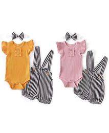 Retailwhole baby outfit newborns 3pcs set romperfloral suspender trousersbow headbands children Designers Clothes Kids clot5524889