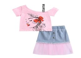 Retailwhole girl printed tshirt dress tracksuit Clothing Sets 2pcs set Inclined shoulder topPatchwork skirt girls outfits ch5663381