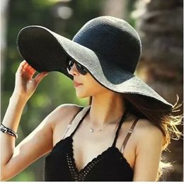16 Colors Solid Summer Women Wide Brim Straw Hat Floppy Derby Large Beach Sunhat220t