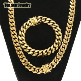 High Quality Stainless Steel Jewellery Sets 18K Gold Plated Dragon Latch Clasp Cuban Link Necklace & Bracelets For Mens Curb Chain 1311B