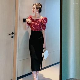 Work Dresses Summer 2 Piece Set Vintage Women Suit Puff Sleeve Square Collar Print Top And Black Skirt Two Elegant Vestidos