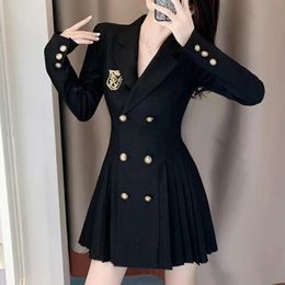 Blazer Mujer Spring Autumn Preppy Style Suit Dress Black Womens Jacket Slim Waist Folds Coat S2XL 240305