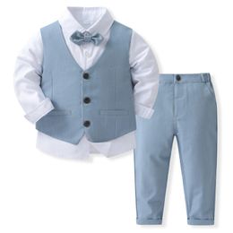 Beyefendi kıyafetleri erkek çocuklar için doğum günü kostümü bahar sonbahar butik giyim seti katı yelek takım elbise çocuklar pamuk resmi giyiyor 240307