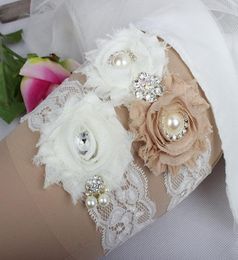 Champagne Bridal Leg Garters Chiffon Handmade Flowers Prom Garter Bridal Wedding Garter Belt 2 Pieces set Lace Rhinestones In Stoc7328204