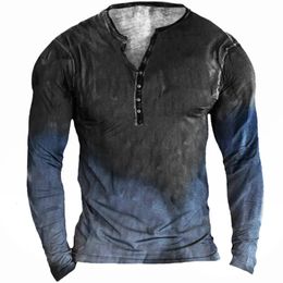 Vintage Mens Tshirt Cotton Shirt Simple Graphic T Shirts 3D Printed VNeck Long Sleeve Henley Oversized Man Clothing Top 240226