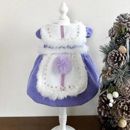 Dog Apparel Retro Corduroy Pet Clothes Outerwears 2024 Autumn Winter Cute Hairball Purple Princess Dress For Small Medium Teddy