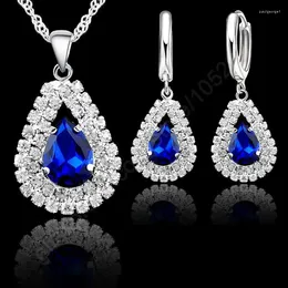 Necklace Earrings Set 9 Colors Fine 925 Sterling Silver Wedding Engagement Women Bridal Water Drop Crystal Pendants