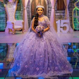 Lavender Quinceanera Dresses 3D Flower Sweet 15 Prom Dress Cape Sweetheart With Sequin Ball Down Birthdy Birth Birth 326 326