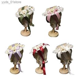 Wide Brim Hats Bucket Hats Women Girls Lolita Elegant Tea Party Flat Hat Multilayer Lace Bonnet Artificial Flower Ribbon Bowknot Handmade Str Beach D0LF L240308