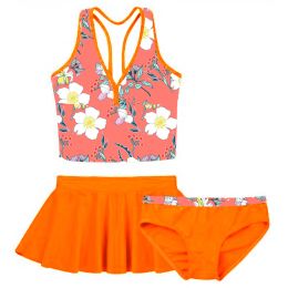 Swimwear 3PCS Kids Girls Tankini Swimwear 2021 Floral Printed Swimsuit Bathing Suit Tops with Bottoms Skirt Set Children Beachwear Outfit