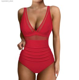 Women's Swimwear Women Monokini Sexy V-neck One Piece Swimsuit Mesh Patchwork Swimwear Woman Solid Summer Beach Swimming Bathing Suit S-2XL L240308