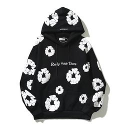 Retro Foam Kapok Print Letter Embroidery Pullover Hoodies Mens and Womens Streetwear Oversize Fleece Hooded Sweatshirts 240228