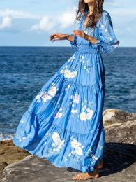 Casual Dresses Women Bohemia Long Dress Floral Print Puff Sleeve V Neck Swing Boho Maxi Beach Holiday