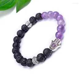 Strand 8mm Black Lava Stone Beaded 7 Chakra Elastic Bracelet For Men And Women