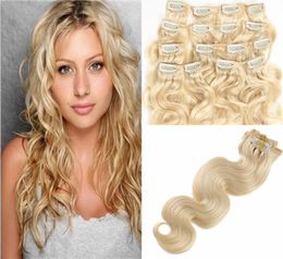 Clip in Hair Extensions Real Human Hair 16 Inch 7pcs wavy Dirty Blonde to Bleach Blonde Highlight Hair Extensions Clip ins Thick D5978587