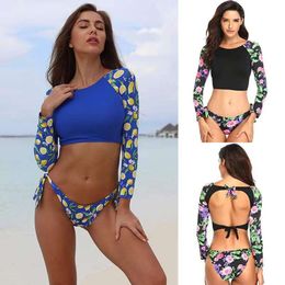 Nuovo costume da bagno bikini diviso da spiaggia stampato sexy a maniche lunghe per donna