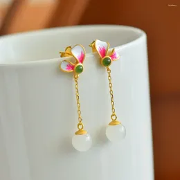 Dangle Earrings 2141-6# Sweet Lady Women Round Flower HETIAN White Jade S925 Pure Silver Natural Nephrite Cheongsam Party