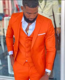 Suits Bright Orange Notch Lapel Men Suit Costume Homme Wedding Dress Tuxedos Terno Masculino Slim Fit Groom Prom Party Blazer 3 Pcs