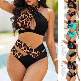 Women's Swimwear Womens Swimming Suit Halter Swimwear Two Pieces Bathing Suit Leopard Striped Butterfly Printed Tankini Top Boyshorts Swimm S-5XL L240308