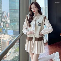 Work Dresses College Shirt Dress Knit Vest Two-piece Set Women Korean Temperament V-neck Splice Tie Fashion Sweet Loose Celebrity Autumn