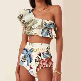 Fashion One Shoulder Ruffle Swimsuit Colourful Parrot Print Bikini High Waist Backless Sexy Beachwear Chic Pool Wear Women 240227