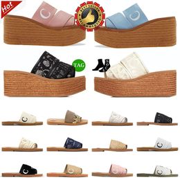 Designer Luxury sliders Famous slides sandals slippers woody flat mule Espadrille signature lace lettering fuzzy fur fluffy slippers flat Wedge slides shoes 35-42
