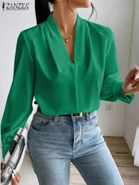ZANZEA Vintage OL Pleating Blusas Oversized Women Vneck Shirts Fashion Solid Color Tops Tunic Autumn Long Sleeve Blouses 240226