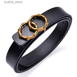 Belts 2022 Vintage Women Leather Belt Gold Round Double Bamboo Buckle Genuine Leather Belts For Female Luxury Wild Jeans Waist Strap L240308