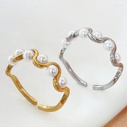 Cluster Rings High End PVD Fashion Opening Wave Pearl Stainless Steel Gold Silver Colour Adjustable For Women Metal Jewellery