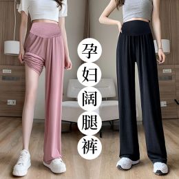 Capris 3166# Summer Thin Ice Cool Maternity Straight Long Pants Wide Leg Loose Belly Clothes for Pregnant Women Pregnancy Trousers