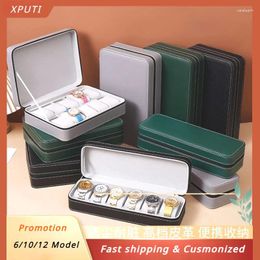 Watch Boxes Factory Sale 6/10/12 Slots Organiser Green Black PU Leather Box Zipper Bag Storage Packaging Man Gift 2024